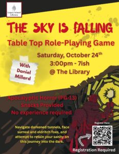 A yellow poster with red spooky text describing the details of this event.